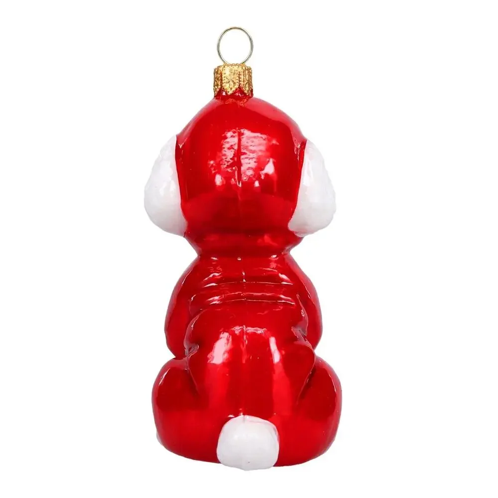 Joy to the World White Poodle in Red Hoodie Polish Glass Christmas Tree Ornament